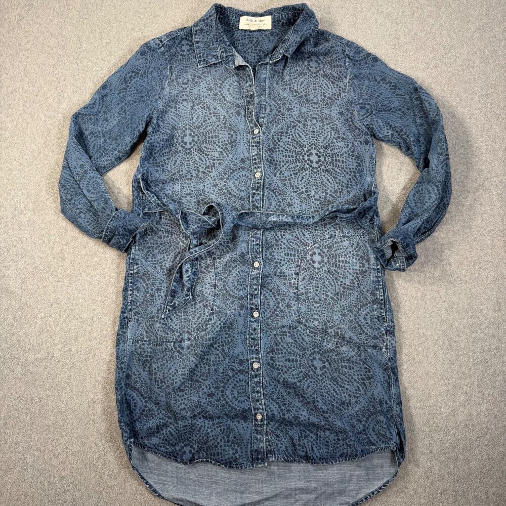 Cloth & Stone Anthropologie Blue Print Chambray Shirt Dress Women's Small Belted